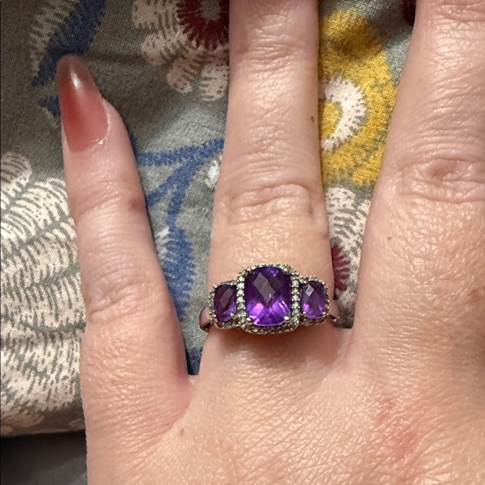 3 stone checkered cut genuine purple amethyst and diamond white gold ring
